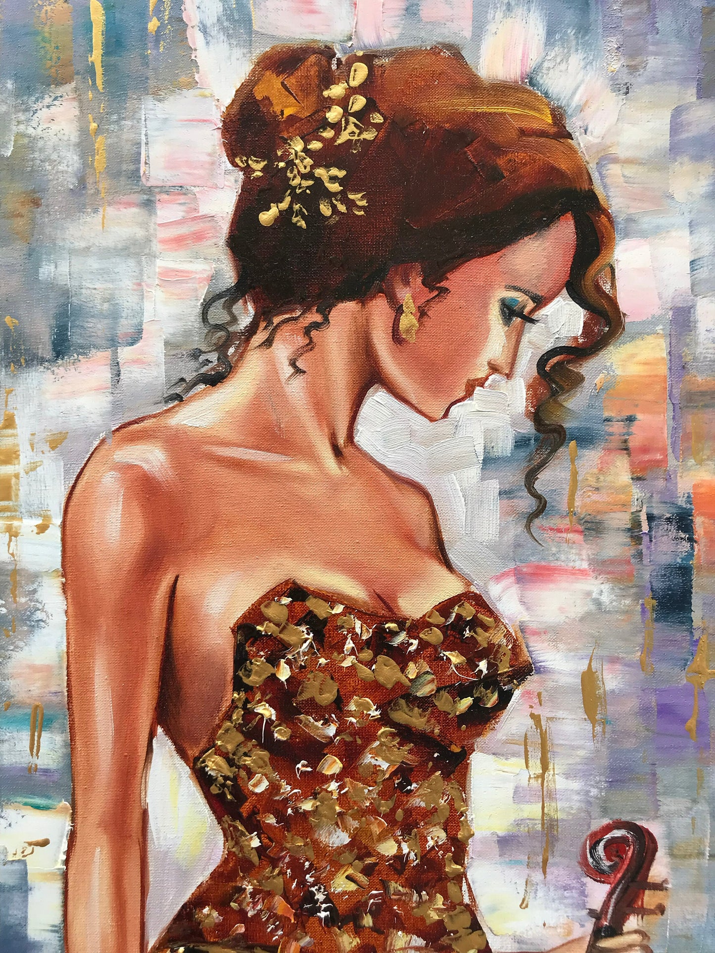 Lady Painting on Canvas Girl with Violin Art Woman in Gold Dress Painting Violin Home Decor abstract Woman Oil Painting Original Female Art