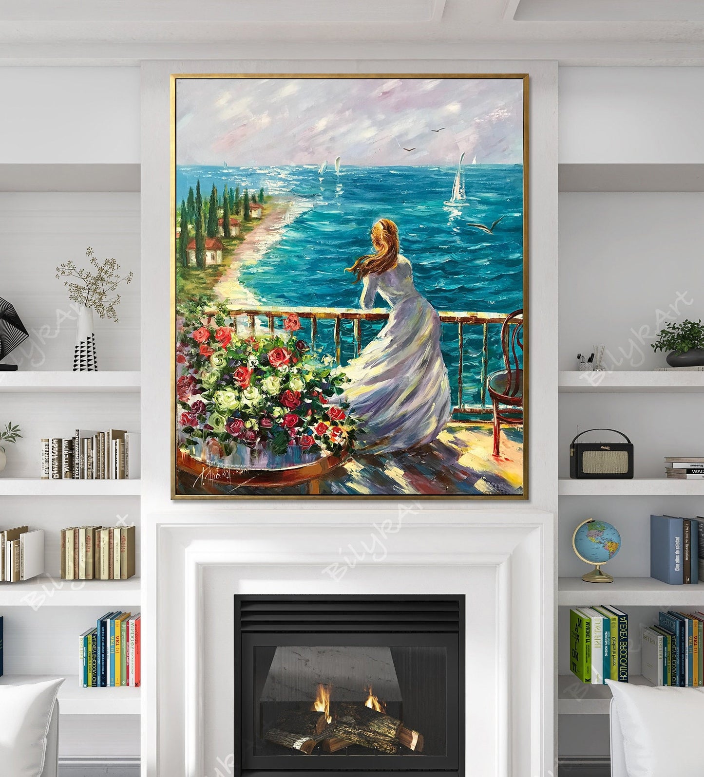 Woman by the Sea Oil Painting Dreaming Girl at Beach Art Scenery Art Canvas Gift For Her Birthday Italian Scene Artwork Blue Teal Wall Decor