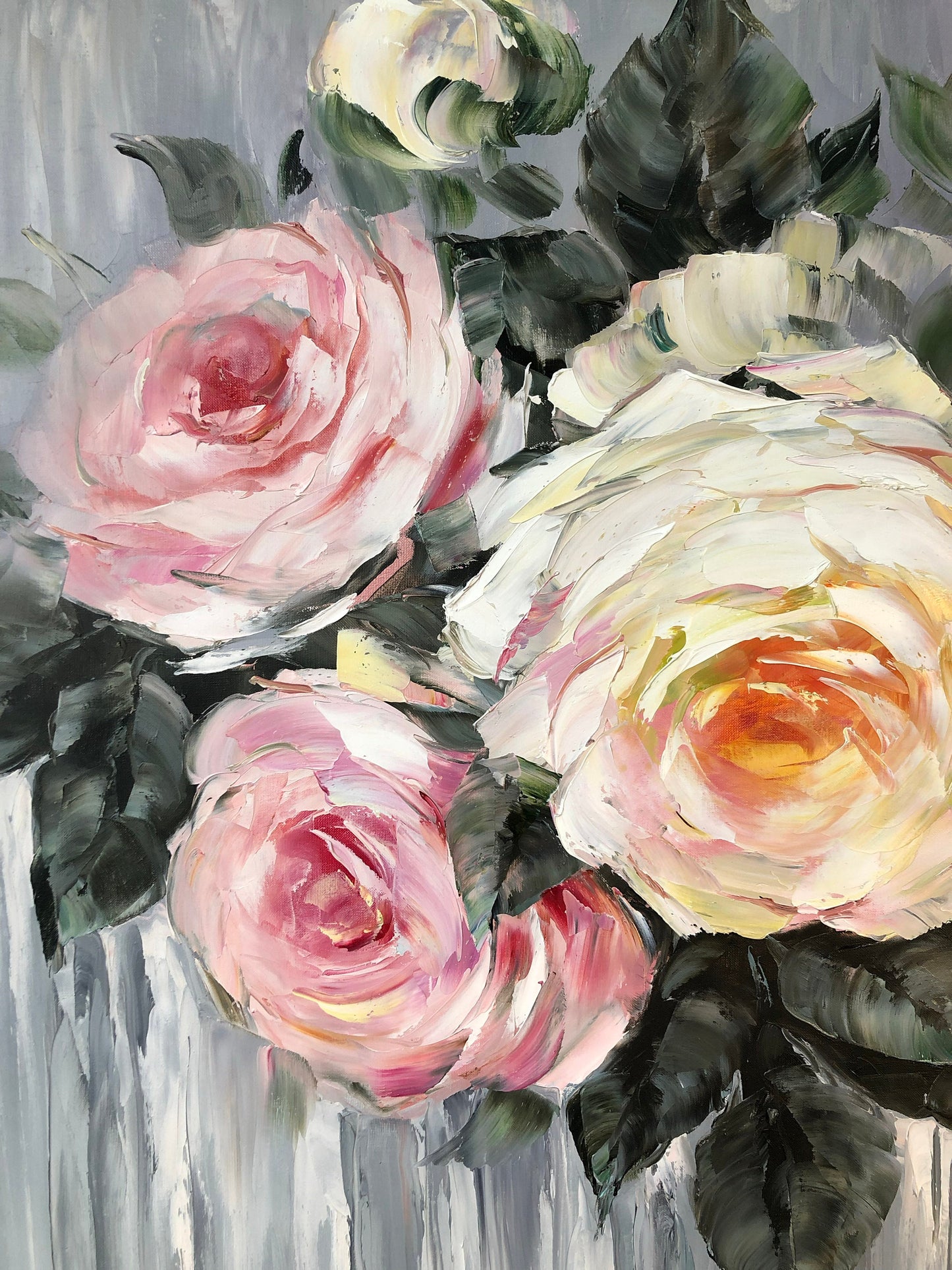 Pink Roses Original Painting, Large Blooming Flowers Wall Art, Rose Painting Oil on Canvas, Pink Grey Abstract Floral Art, Roses Wall Art