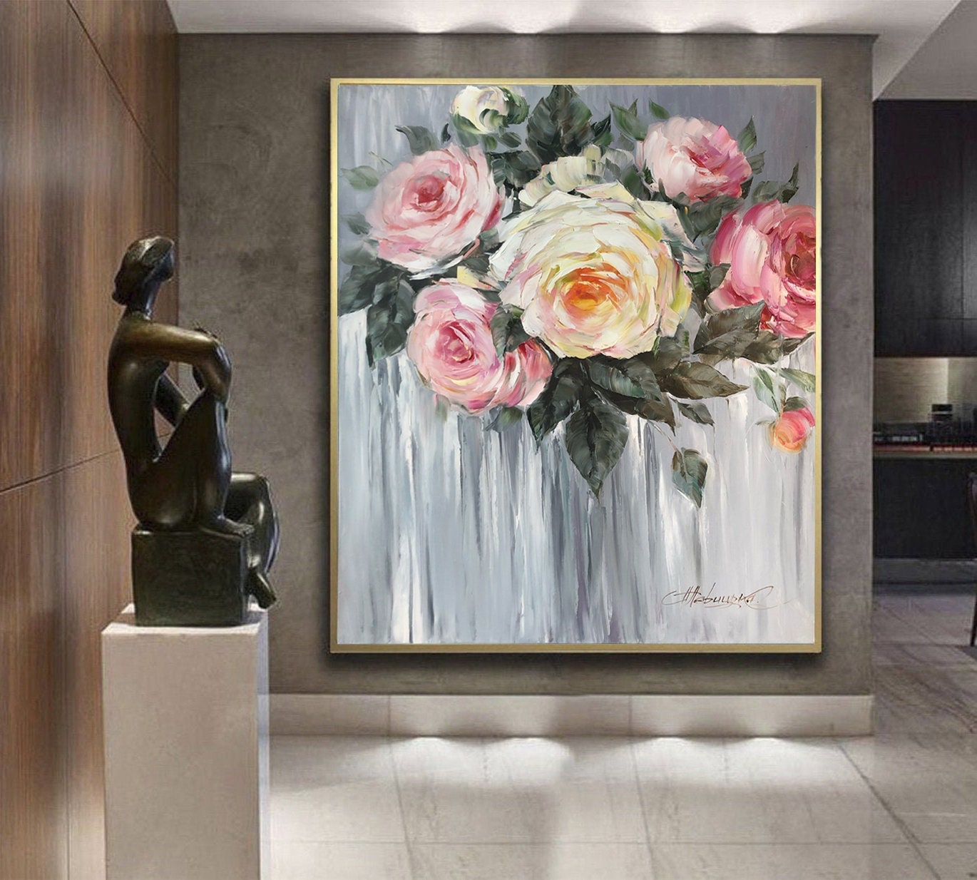 Pink Roses Original Painting, Large Blooming Flowers Wall Art, Rose Painting Oil on Canvas, Pink Grey Abstract Floral Art, Roses Wall Art