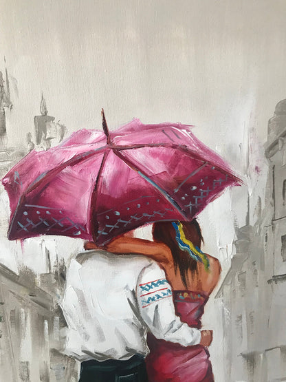 Romantic Painting on Canvas Personalized Couple Under Umbrella in Rain Oil Painting Original Romantic Bedroom Art Couple in Love Art Work