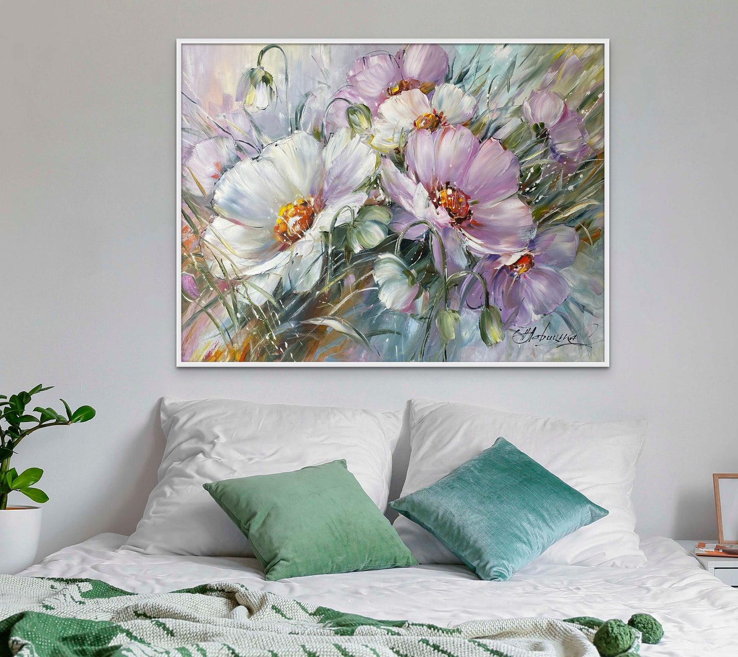 Large Flowers Oil Painting Original Daisy Wall Art Saga Green Purple Dining Room Decor Above Bed Art 40x30 Realistic Flower Daisy Painting