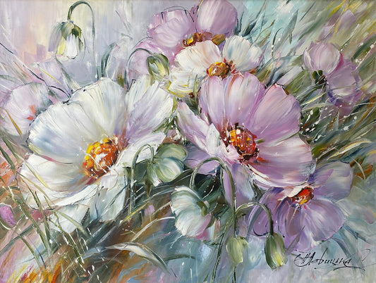 Large Flowers Oil Painting Original Daisy Wall Art Saga Green Purple Dining Room Decor Above Bed Art 40x30 Realistic Flower Daisy Painting