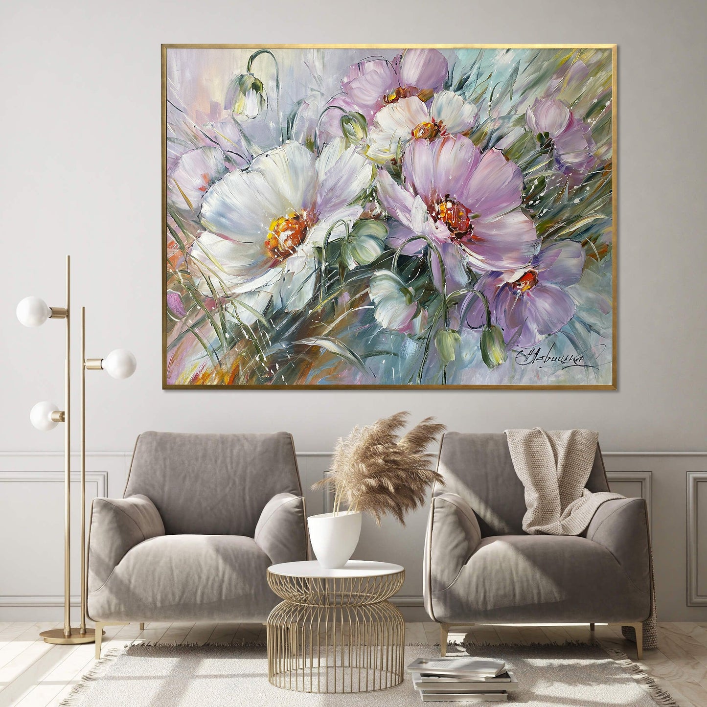 Large Flowers Oil Painting Original Daisy Wall Art Saga Green Purple Dining Room Decor Above Bed Art 40x30 Realistic Flower Daisy Painting