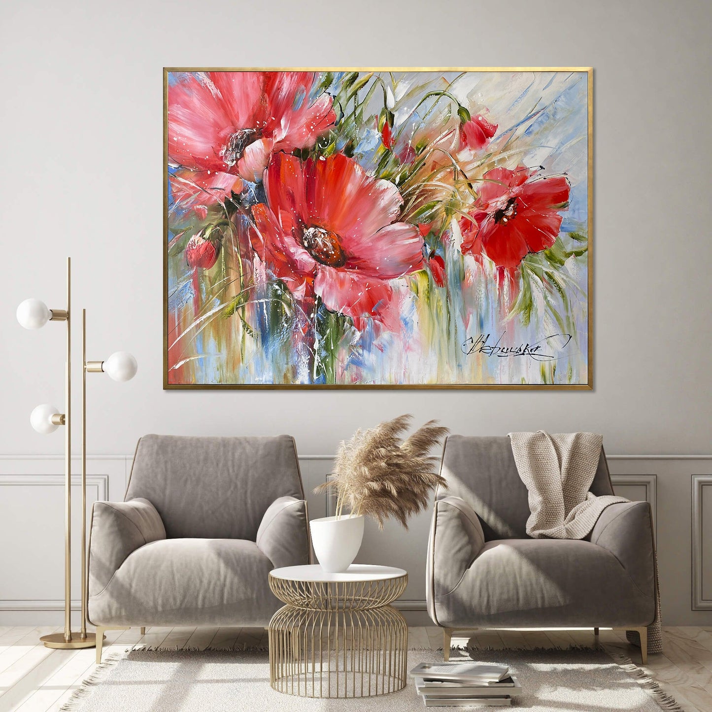 Red Poppies Original Painting, Large Blooming Flowers Wall Art, Poppy Painting Art on Canvas, Red Floral Decor with Frame, Poppies Wall Art