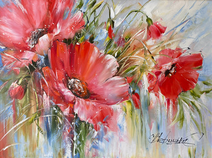 Red Poppies Original Painting, Large Blooming Flowers Wall Art, Poppy Painting Art on Canvas, Red Floral Decor with Frame, Poppies Wall Art