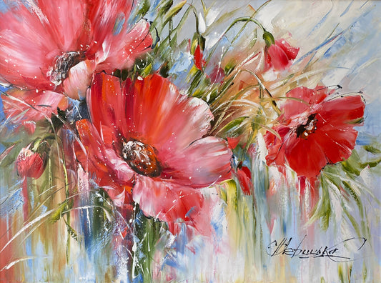 Red Poppies Original Painting, Large Blooming Flowers Wall Art, Poppy Painting Art on Canvas, Red Floral Decor with Frame, Poppies Wall Art