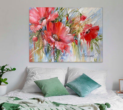 Red Poppies Original Painting, Large Blooming Flowers Wall Art, Poppy Painting Art on Canvas, Red Floral Decor with Frame, Poppies Wall Art