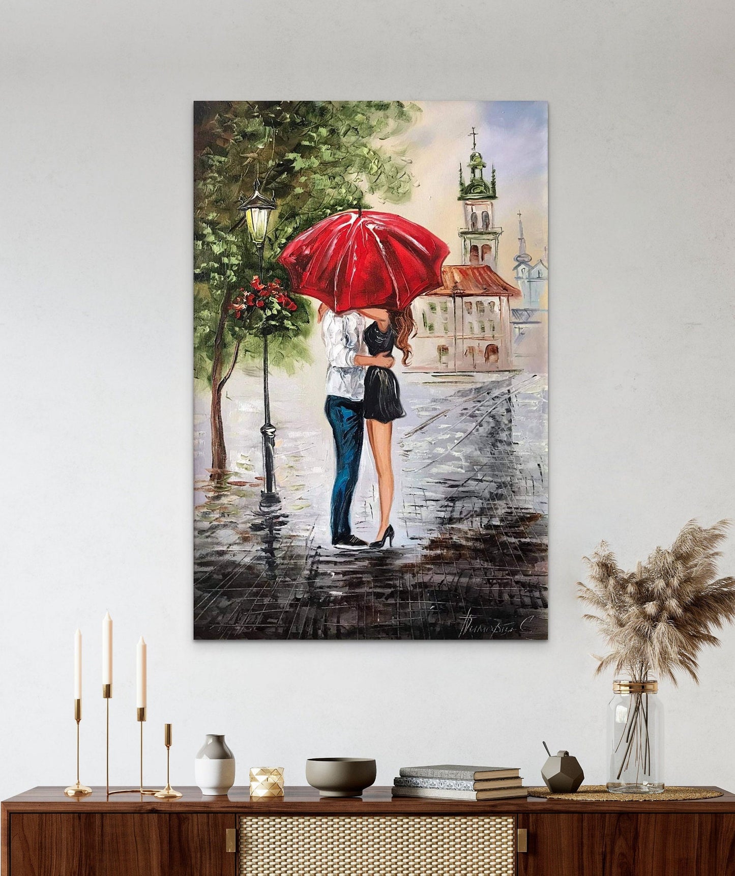 Couple Under Red Umbrella Painting on Canvas Kissing Couple Artwork Romantic Paintings for Bedroom