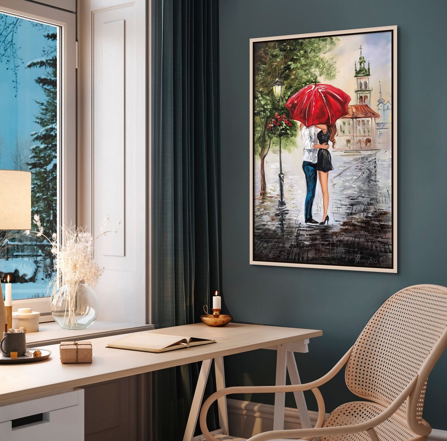 Couple Under Red Umbrella Painting on Canvas Kissing Couple Artwork Romantic Paintings for Bedroom