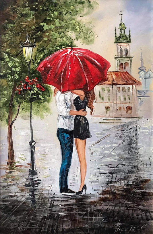 Couple Under Red Umbrella Painting on Canvas Kissing Couple Artwork Romantic Paintings for Bedroom