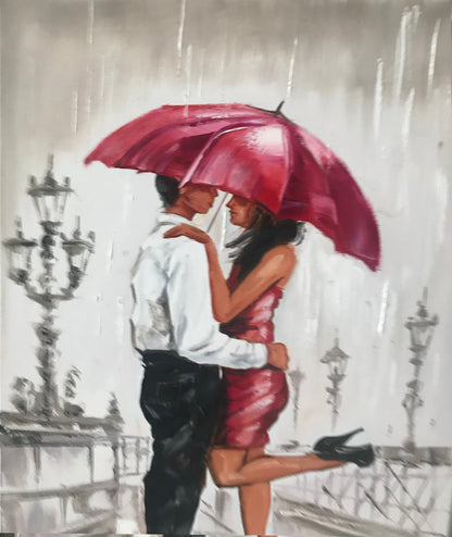 Couple Under Umbrella Oil Painting Original Romantic Wall Art Gray Pink Bedroom Decor Romantic Gifts For Her Love Couple Painting on Canvas