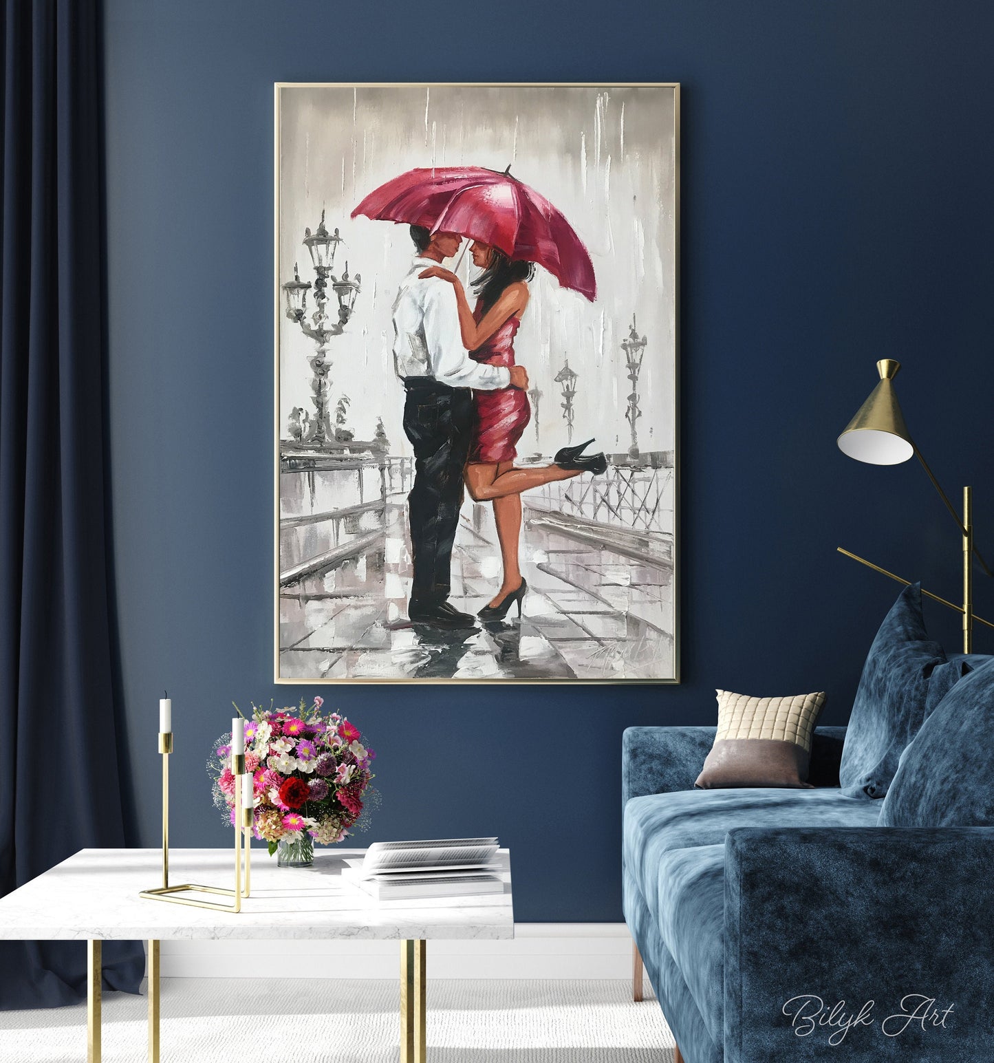 Couple Under Umbrella Oil Painting Original Romantic Wall Art Gray Pink Bedroom Decor Romantic Gifts For Her Love Couple Painting on Canvas