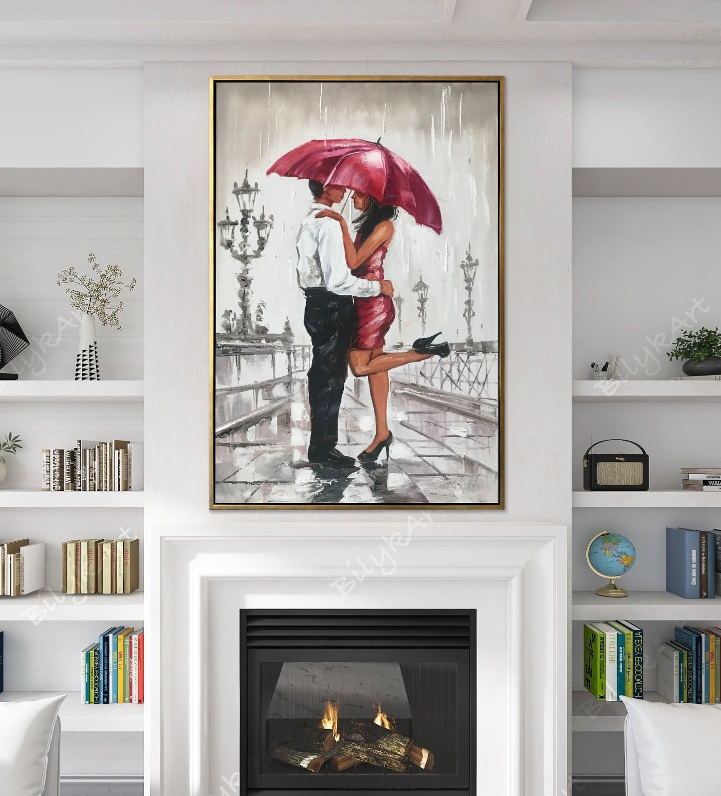 Couple Under Umbrella Oil Painting Original Romantic Wall Art Gray Pink Bedroom Decor Romantic Gifts For Her Love Couple Painting on Canvas