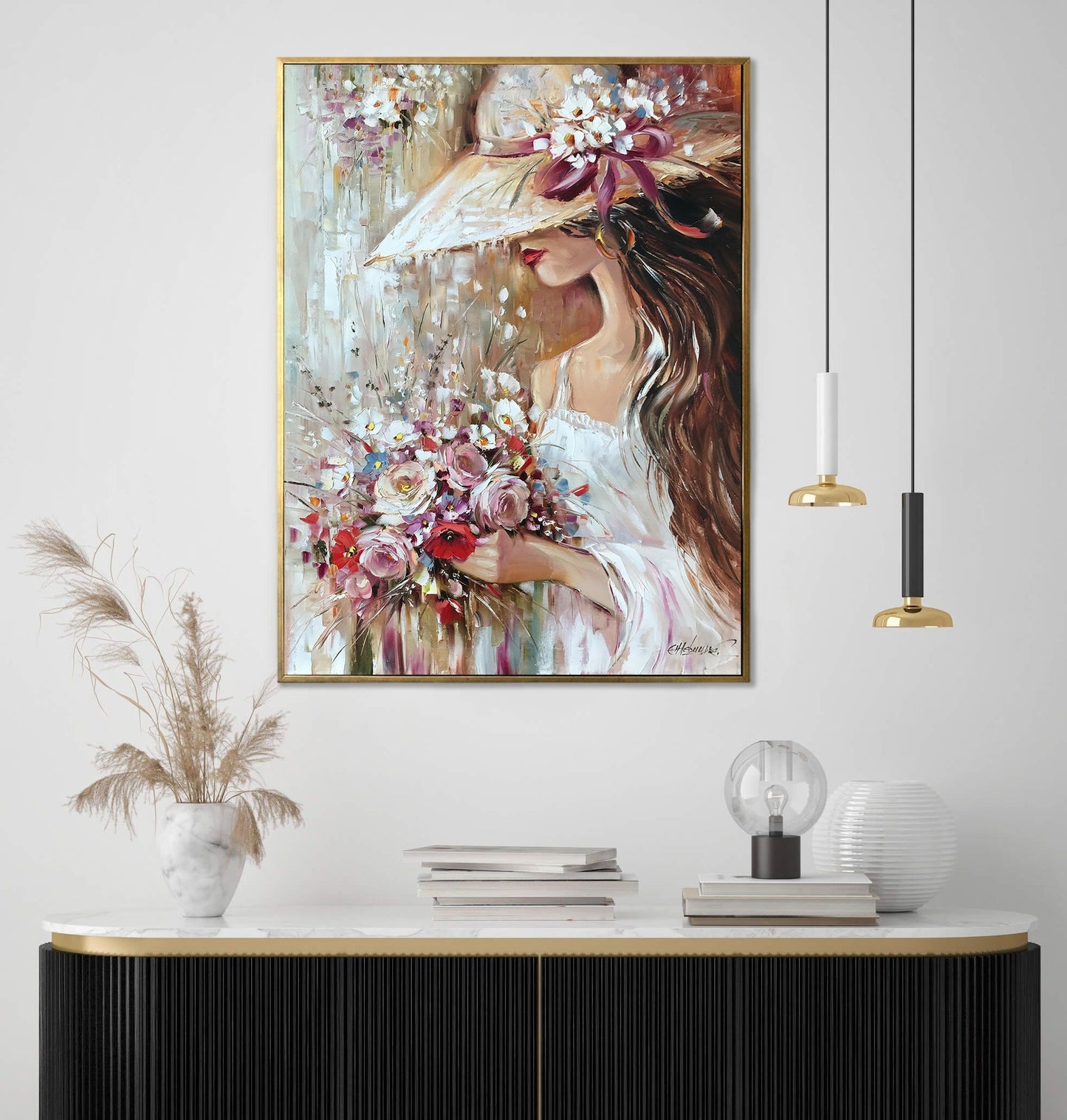 Pretty Woman With Flowers Painting Flower Girl Paintings of Elegant Lady in Hat Wedding Art Gift Bouquet Painting Original Female Face Art