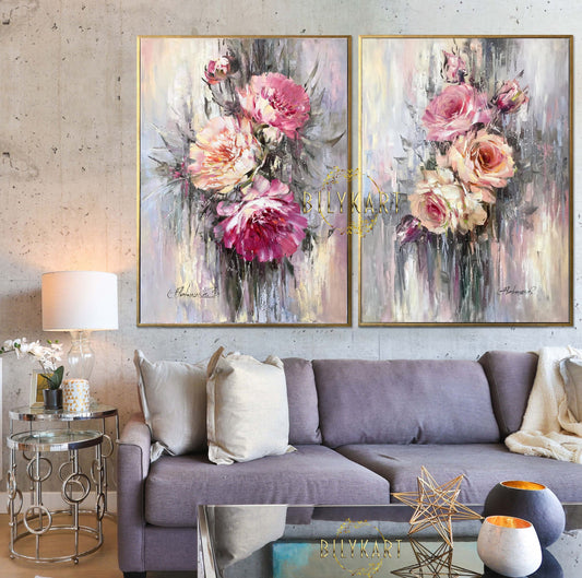 Set of 2 Painting Abstract Flowers Wall Art Large Floral Paintings Luxury Room Decor 2 Abstract Flower Oil Painting Two Paintings Set 36x48