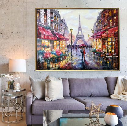 Love in Paris Oil Painting Original Red Umbrella Painting Eiffel Tower Art Evening Walk in Paris Couple in Love Art Night Time Wall Art