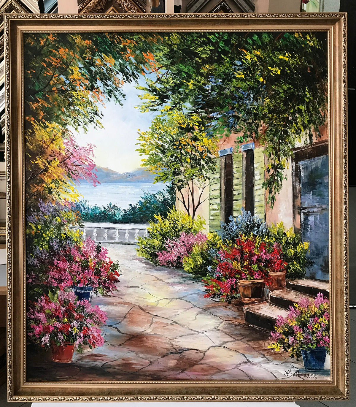 Italian Villa Oil Painting on Canvas, Large Mediterranean Garden Wall Art, Hand Painted Sorrento Artwork