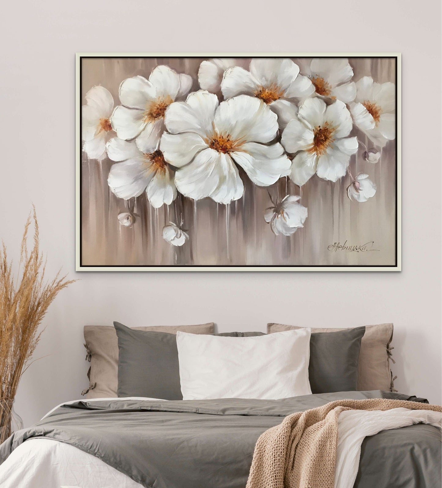 Abstract Flower Oil Painting Large White Flowers Wall Art Modern Floral Oil Artwork Over Bed Art Luxury Flower Painting Above Couch Wall Art