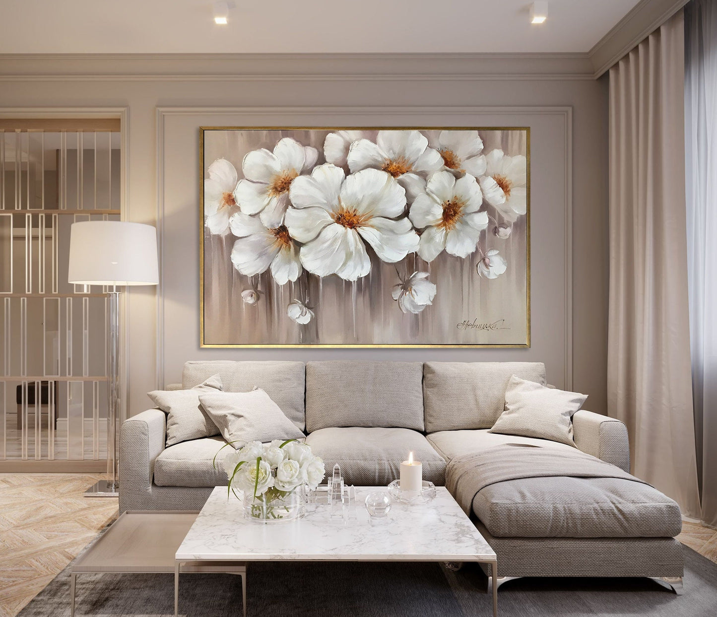 Abstract Flower Oil Painting Large White Flowers Wall Art Modern Floral Oil Artwork Over Bed Art Luxury Flower Painting Above Couch Wall Art