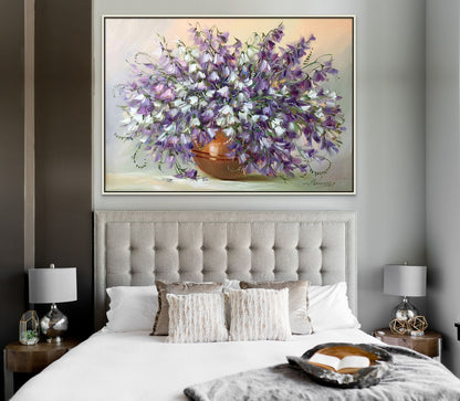 Bluebell Painting on Canvas Bell Flower Art Bluebell Oil Paintings Flowers in Vase Artwork Purple Flower Painting Bouquet of Flowers Art