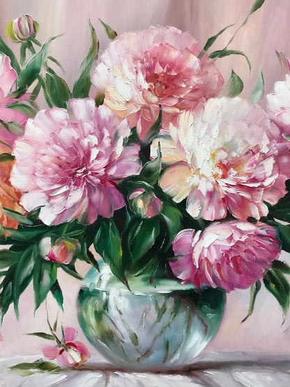 Peony Bouquet Painting Original Art Work Pink Flowers Painting Peony Wall Art Victorian Oil Painting Still Life Flowers Painting on Canvas