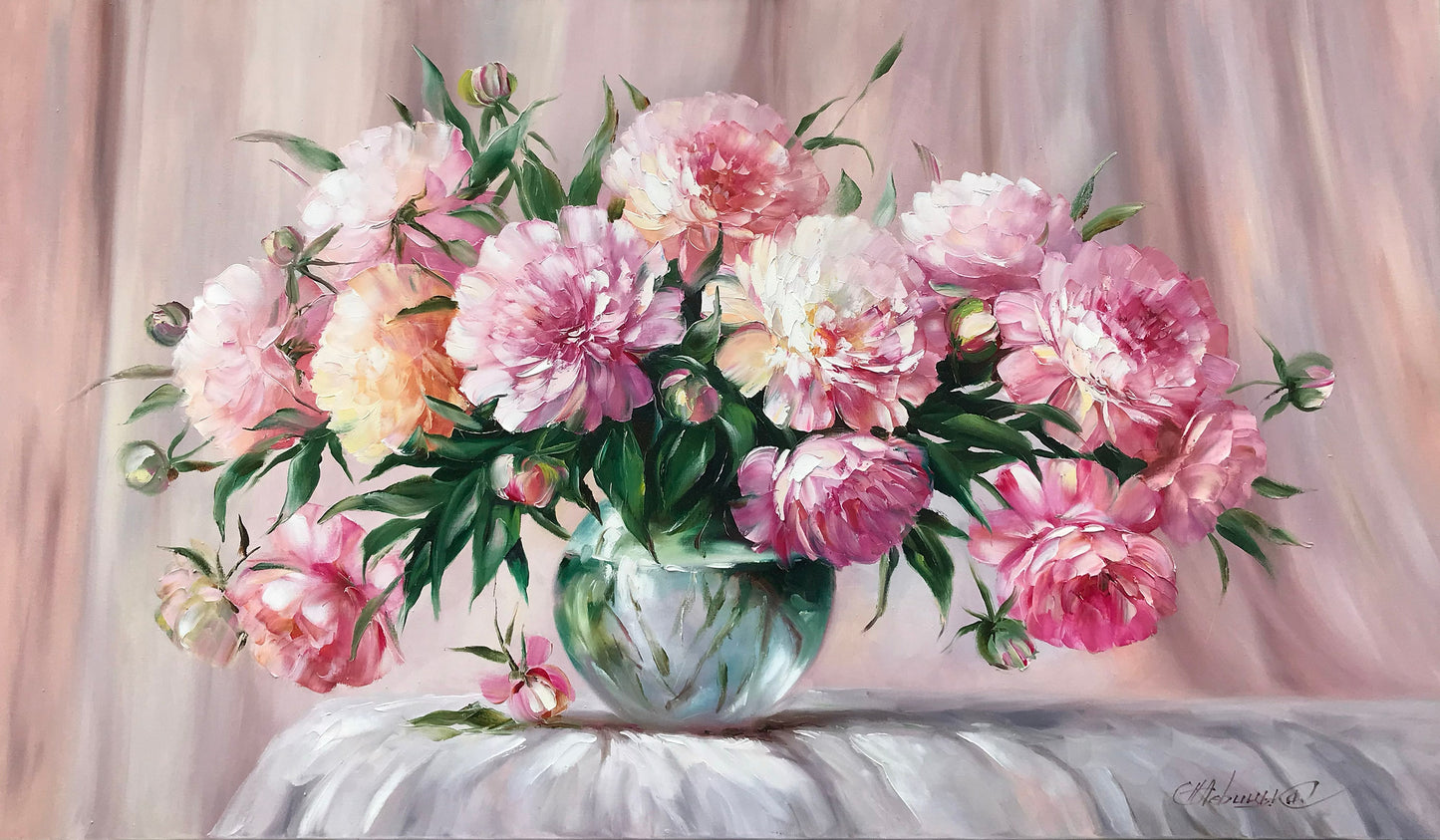 Peony Bouquet Painting Original Art Work Pink Flowers Painting Peony Wall Art Victorian Oil Painting Still Life Flowers Painting on Canvas