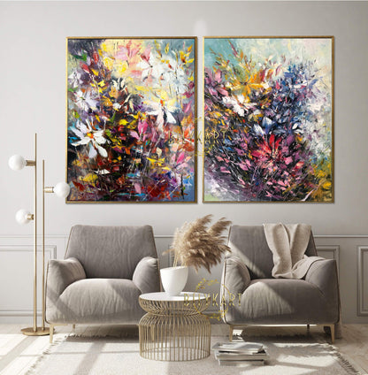 Set of 2 Large Canvas Paintings Floral Wall Decor Floras Handmade Paintings 2 Piece Wall Art Abstract Flower Oil Painting Two Paintings Set