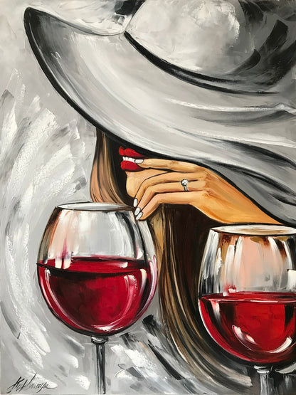 Wine Glasses Painting Original Mystery Girl Painting Red Lips Art Alcohol Painting Modern Room Decor Black Red Wall Art Wine Bar Art Decor