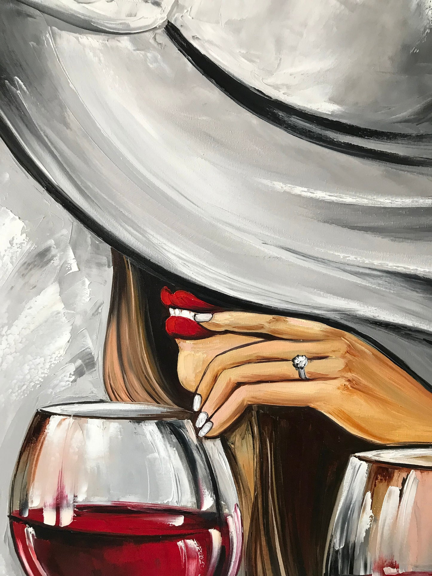 Wine Glasses Painting Original Mystery Girl Painting Red Lips Art Alcohol Painting Modern Room Decor Black Red Wall Art Wine Bar Art Decor