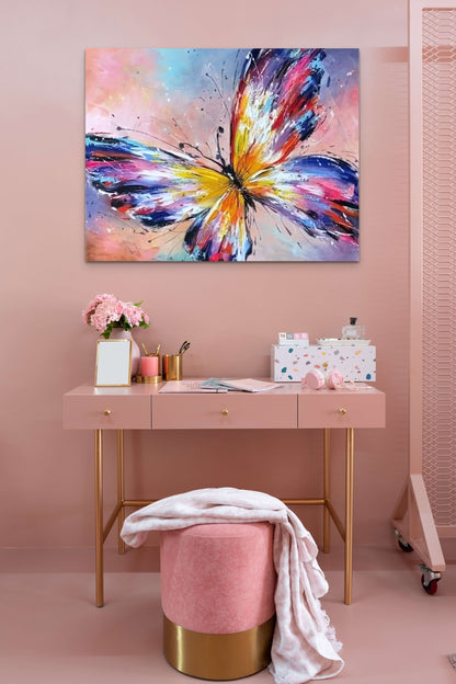 Colorful Butterfly Oil Painting, Large Abstract Summer Wall Art for Nursery, Kids Room, Colour Original Butterfly Artwork on Canvas