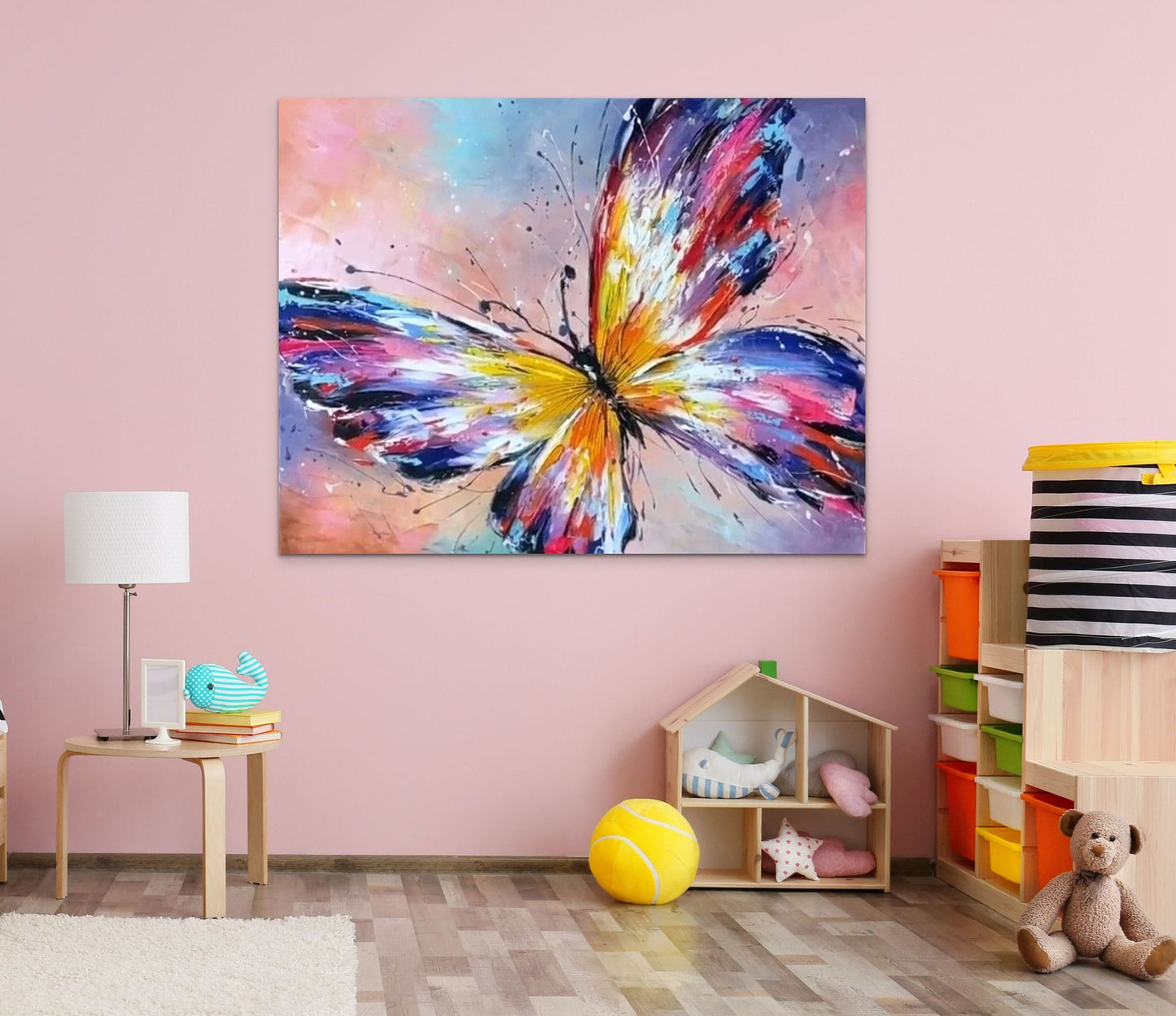 Colorful Butterfly Oil Painting, Large Abstract Summer Wall Art for Nursery, Kids Room, Colour Original Butterfly Artwork on Canvas