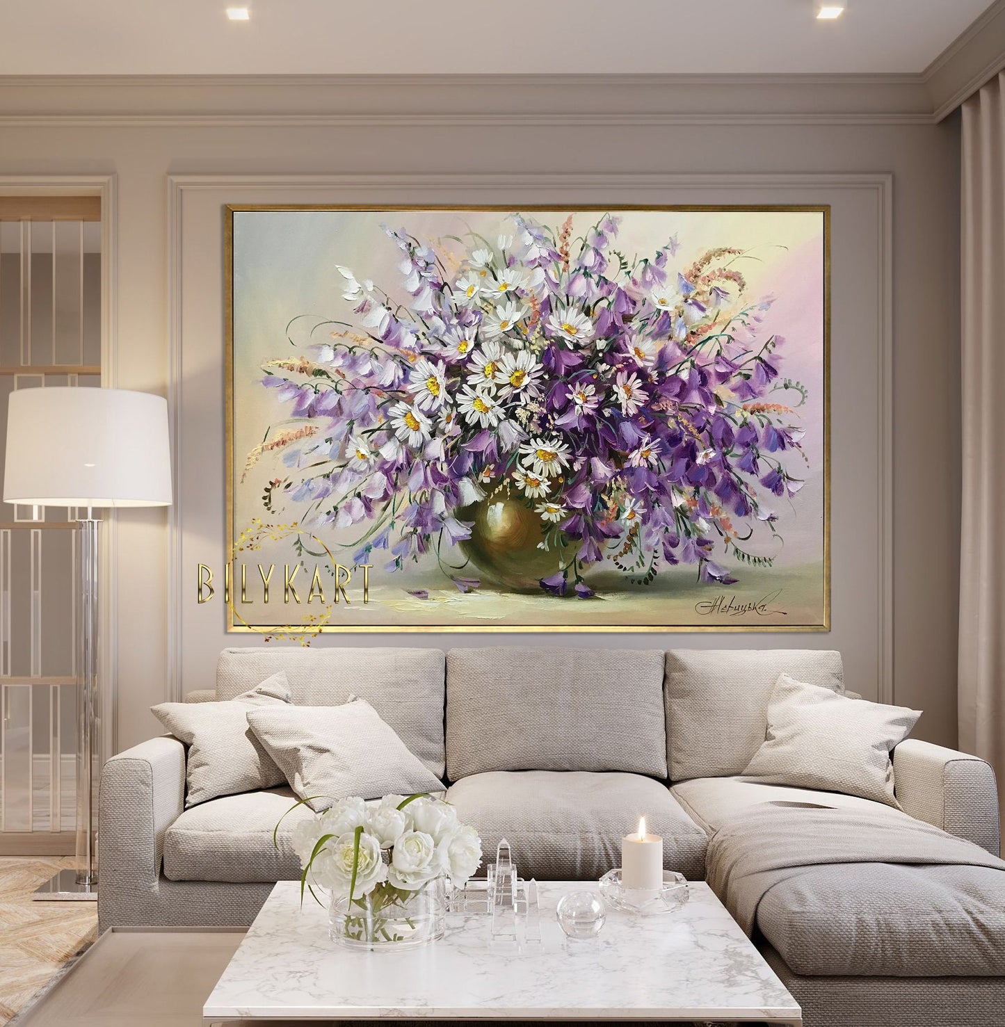 Purple Flowers Oil Painting Canvas Wildflowers Wall Art Daisies Original Art Bluebells Gift Kitchen Wall Decor Floral Still Life Painting