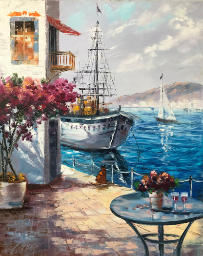 Greece Oil Painting Original Framed Oil Painting of Greek Villas Mediterranean Travel Painting on Canvas Greek Painting Greece Wall Art