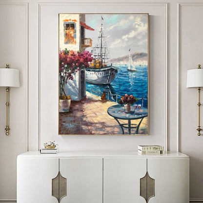 Greece Oil Painting Original Framed Oil Painting of Greek Villas Mediterranean Travel Painting on Canvas Greek Painting Greece Wall Art