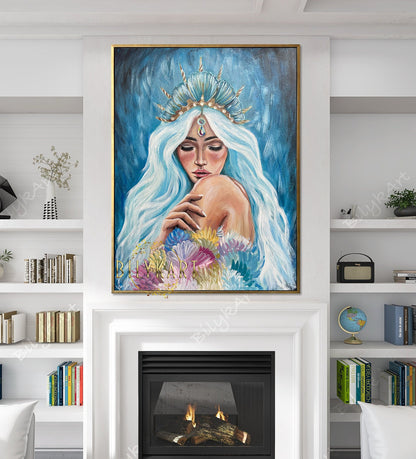 Original Mermaid Painting on Canvas Blue Mermaid Wall Art Under The Sea Painting Mermaid Artwork Underwater Painting Mermaid Girl Gift