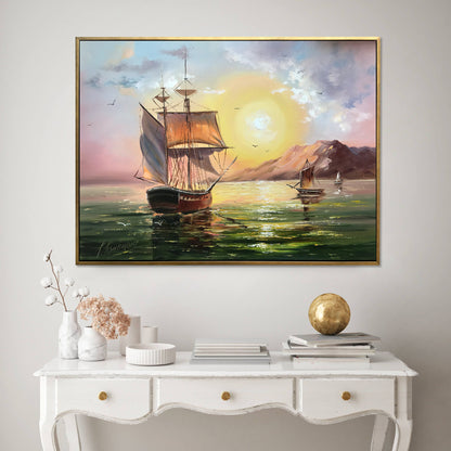 Sailing Ship Oil Painting Original Ship At Sunset Painting Sailing Wall Art Coastal Sailboat Artwork Ships at Sea Paintings Sailing Art