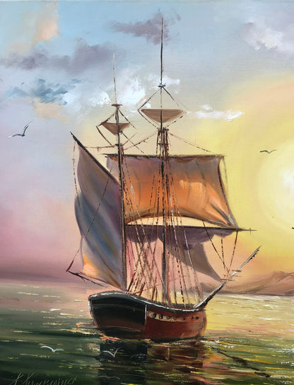 Sailing Ship Oil Painting Original Ship At Sunset Painting Sailing Wall Art Coastal Sailboat Artwork Ships at Sea Paintings Sailing Art