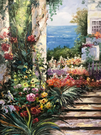 Romantic Garden Oil Painting Original Hand-Painted Artwork of Tuscany Mediterranean Garden Wall Art, Italian Villa Painting