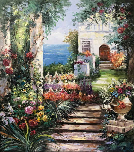 Romantic Garden Oil Painting Original Hand-Painted Artwork of Tuscany Mediterranean Garden Wall Art, Italian Villa Painting