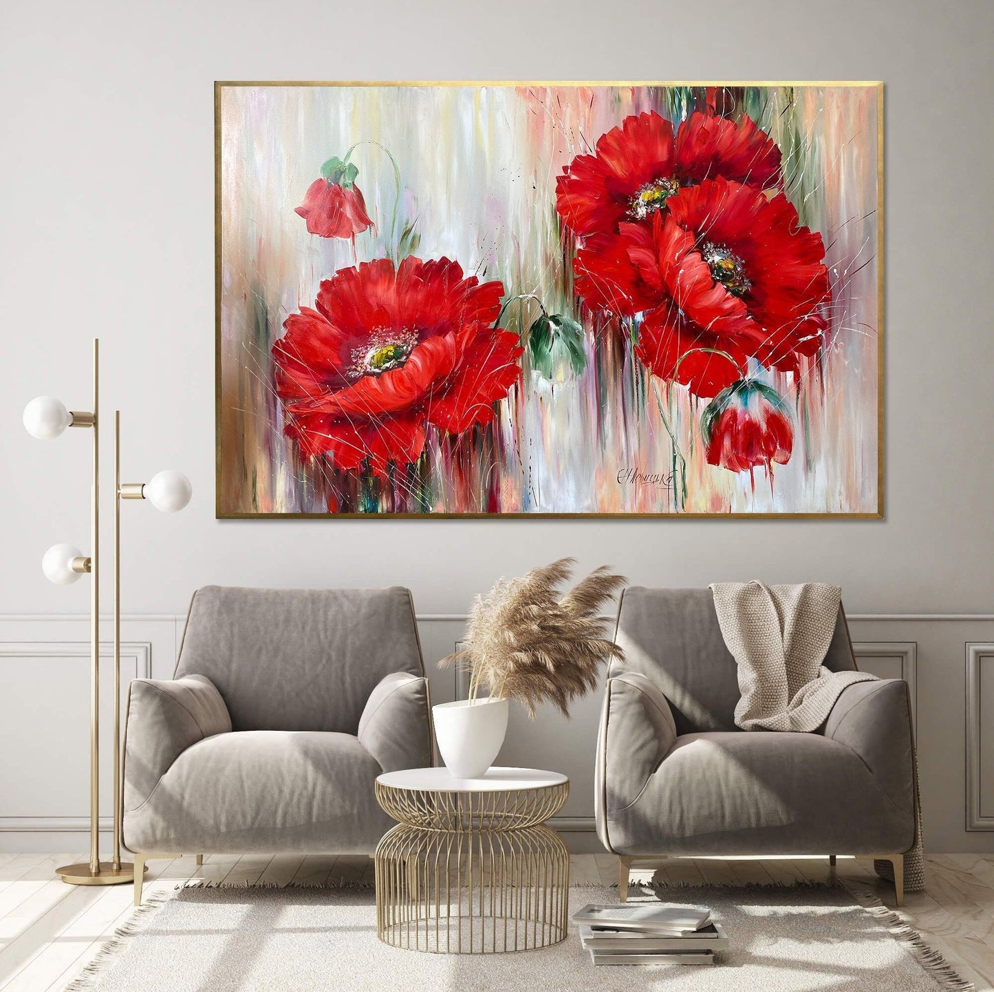 Red Poppies Painting, Handpainted Flowers Wall Art Decor 32x24, Red Flower Painting on Canvas, Large Poppy Painting, Original Floral Oil Art