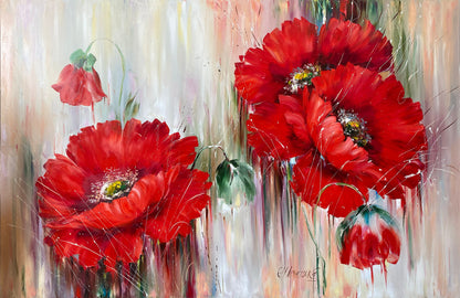 Red Poppies Painting, Handpainted Flowers Wall Art Decor 32x24, Red Flower Painting on Canvas, Large Poppy Painting, Original Floral Oil Art