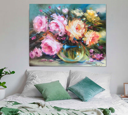 Pink Roses Oil Painting Original Rose Flowers in Vase Painting Classic Wall Art Pink Flowers Art Roses Bouquet Oil Painting Art Gift For Her