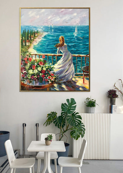 Woman by the Sea Oil Painting Dreaming Girl at Beach Art Scenery Art Canvas Gift For Her Birthday Italian Scene Artwork Blue Teal Wall Decor