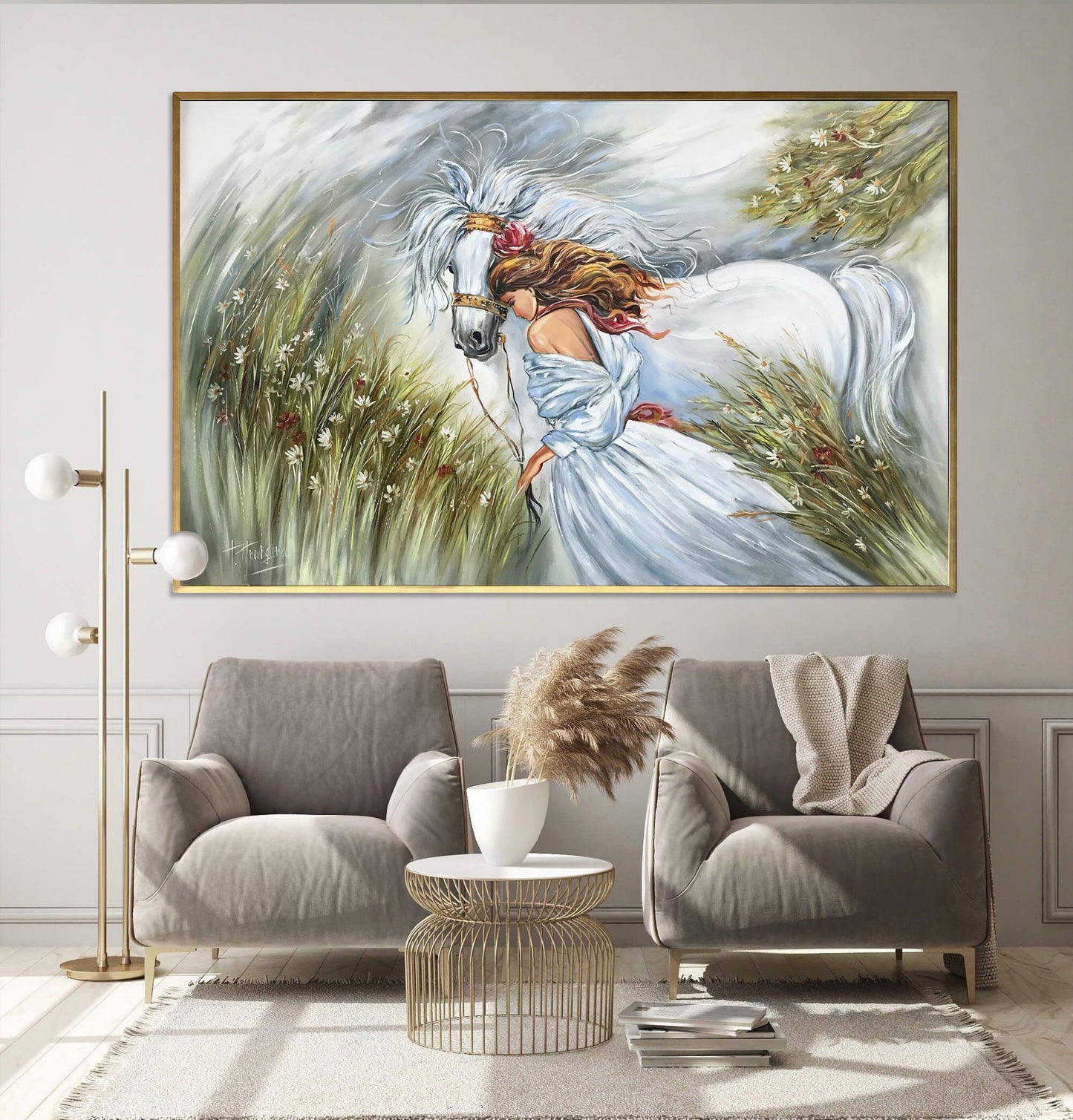 Woman with Horse Painting on Canvas Horse Girl Art Beautiful Woman Artwork White Horse Oil Painting Original Woman in White Dress Painting