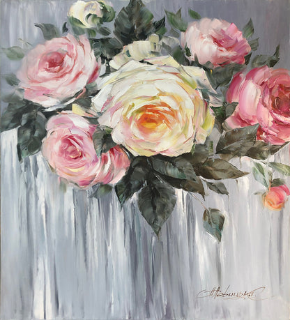 Pink Roses Original Painting, Large Blooming Flowers Wall Art, Rose Painting Oil on Canvas, Pink Grey Abstract Floral Art, Roses Wall Art