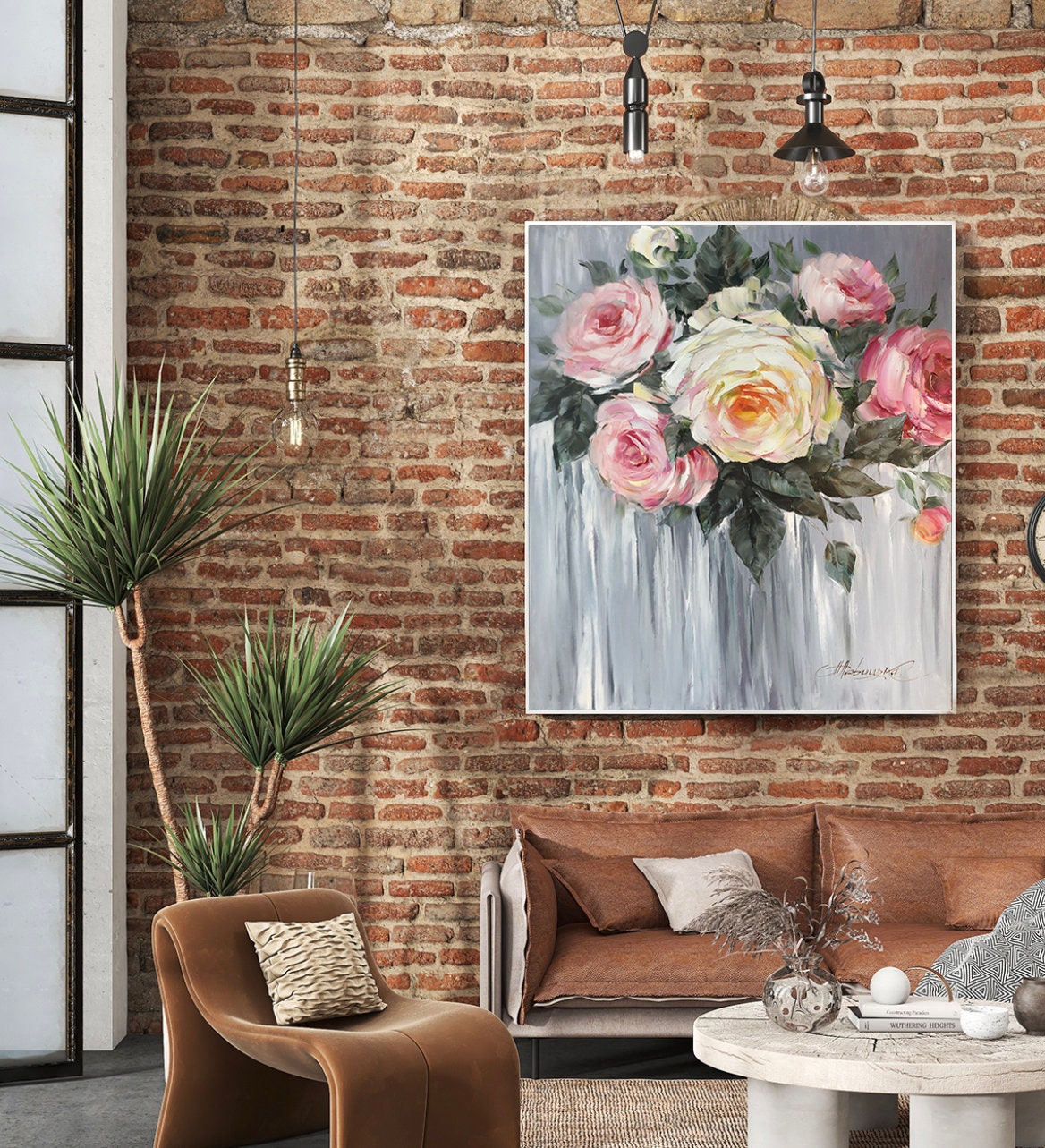 Pink Roses Original Painting, Large Blooming Flowers Wall Art, Rose Painting Oil on Canvas, Pink Grey Abstract Floral Art, Roses Wall Art