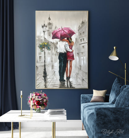 Romantic Painting on Canvas Personalized Couple Under Umbrella in Rain Oil Painting Original Romantic Bedroom Art Couple in Love Art Work