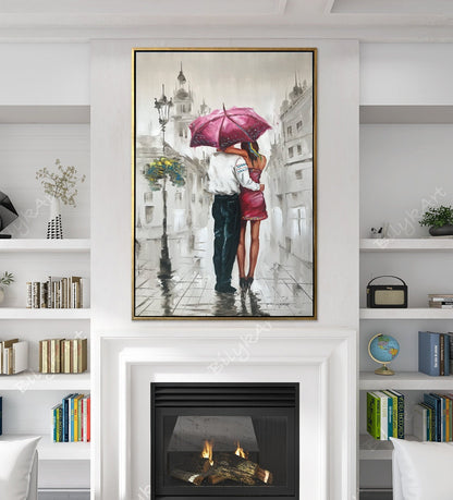 Romantic Painting on Canvas Personalized Couple Under Umbrella in Rain Oil Painting Original Romantic Bedroom Art Couple in Love Art Work