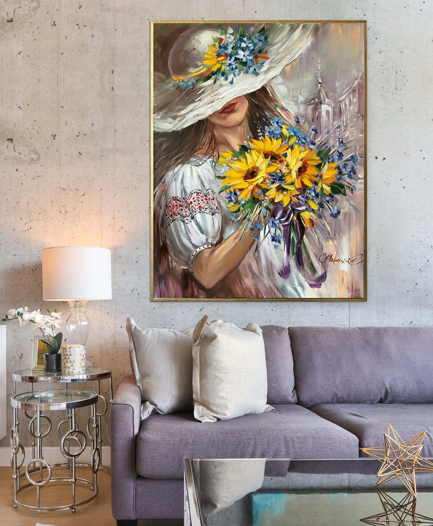 Ukrainian Girl Painting Original Ukrainian Painting on Canvas Sunflower Ukraine Wall Art Ukraine Artist Paintings Modern Ukrainian Folk Art